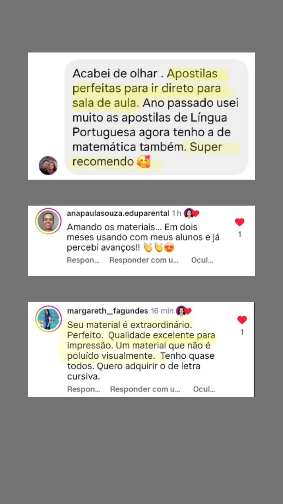 Depoimento de professora sobre as apostilas de matemática