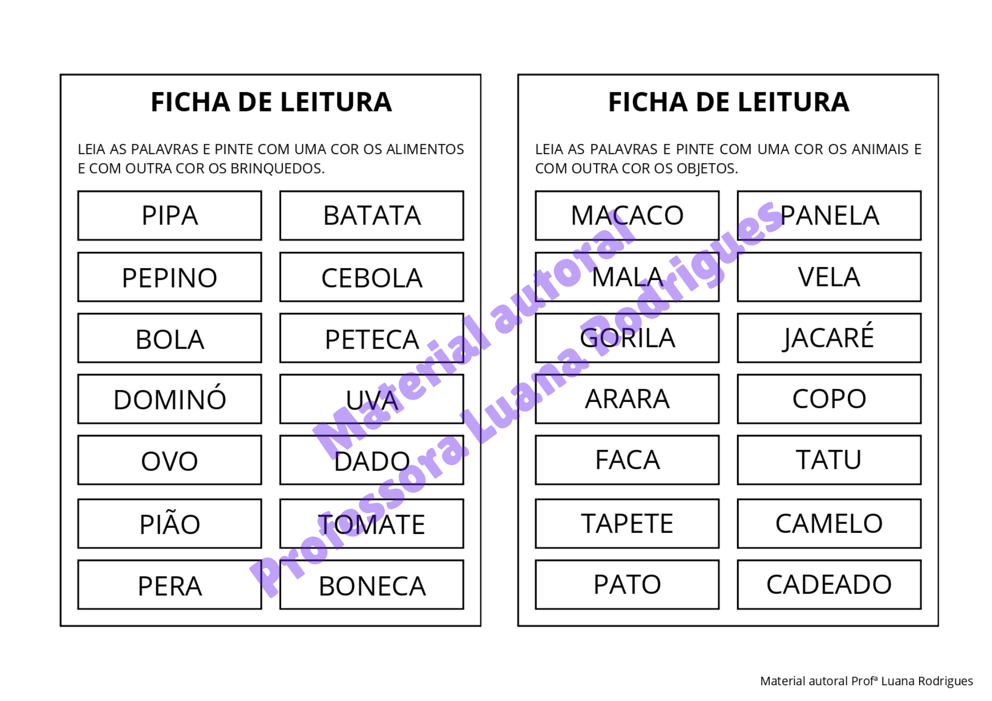 Cartela do Kit Destrave a Leitura