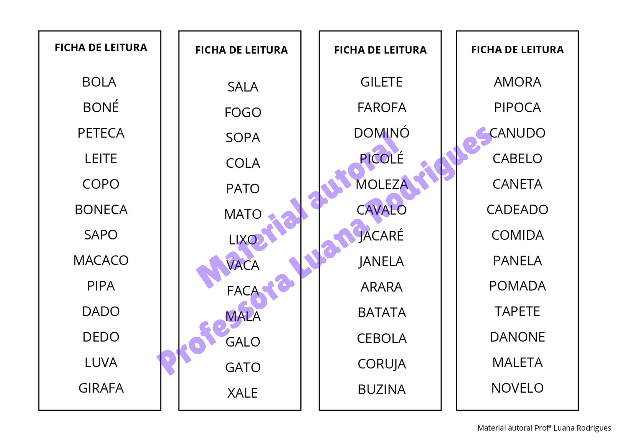 Cartela do Kit Destrave a Leitura