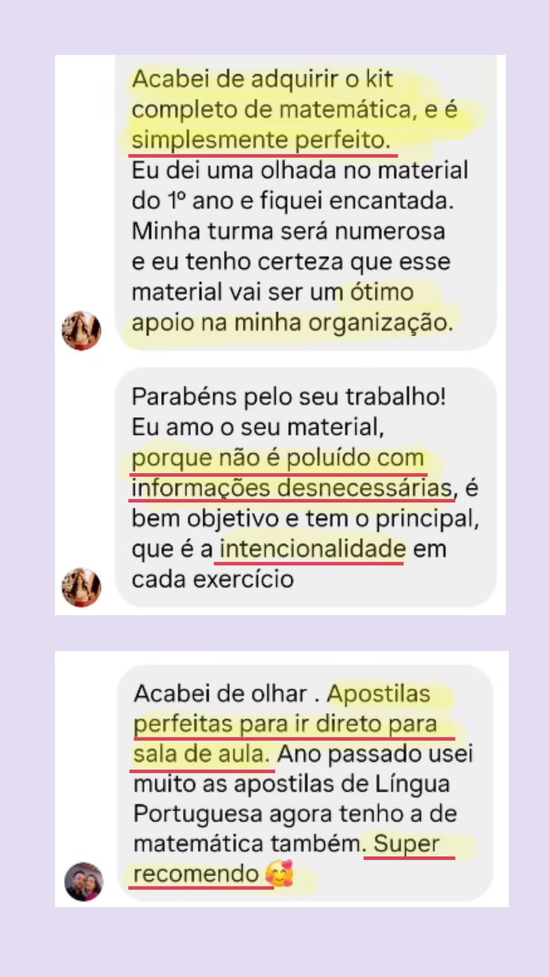Depoimento de professora sobre as apostilas de matemática
