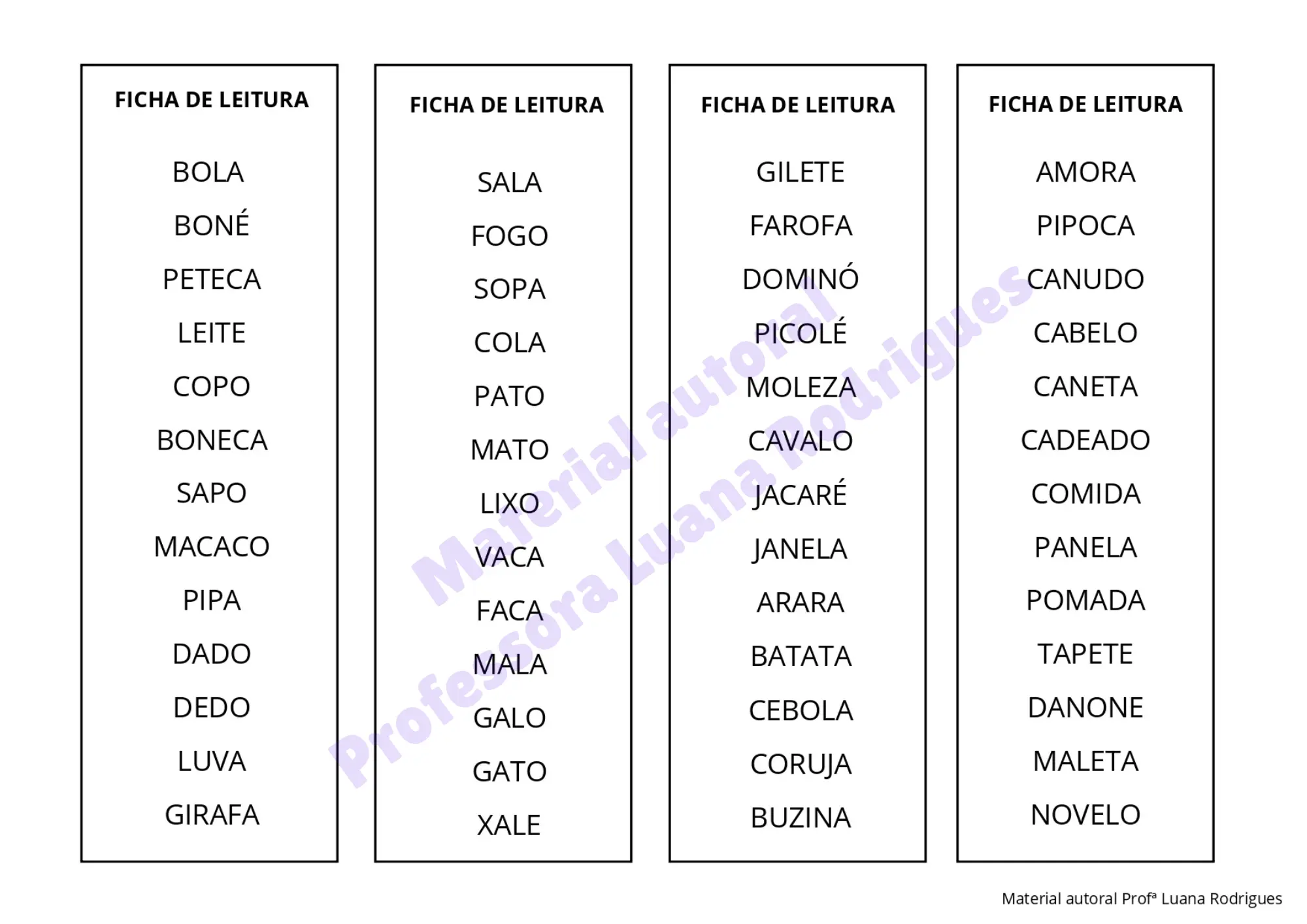 Cartela do Kit Destrave a Leitura