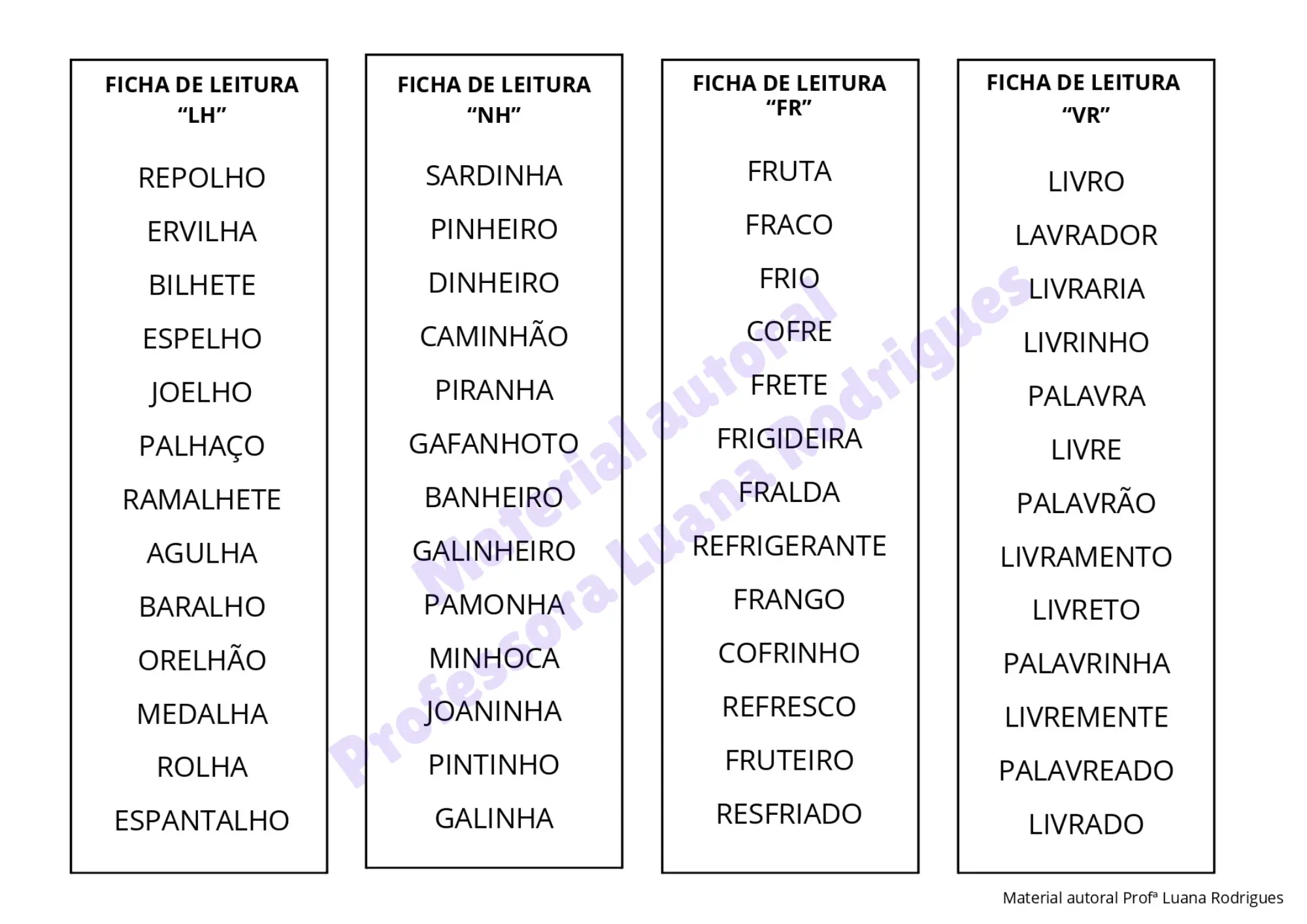 Cartela do Kit Destrave a Leitura